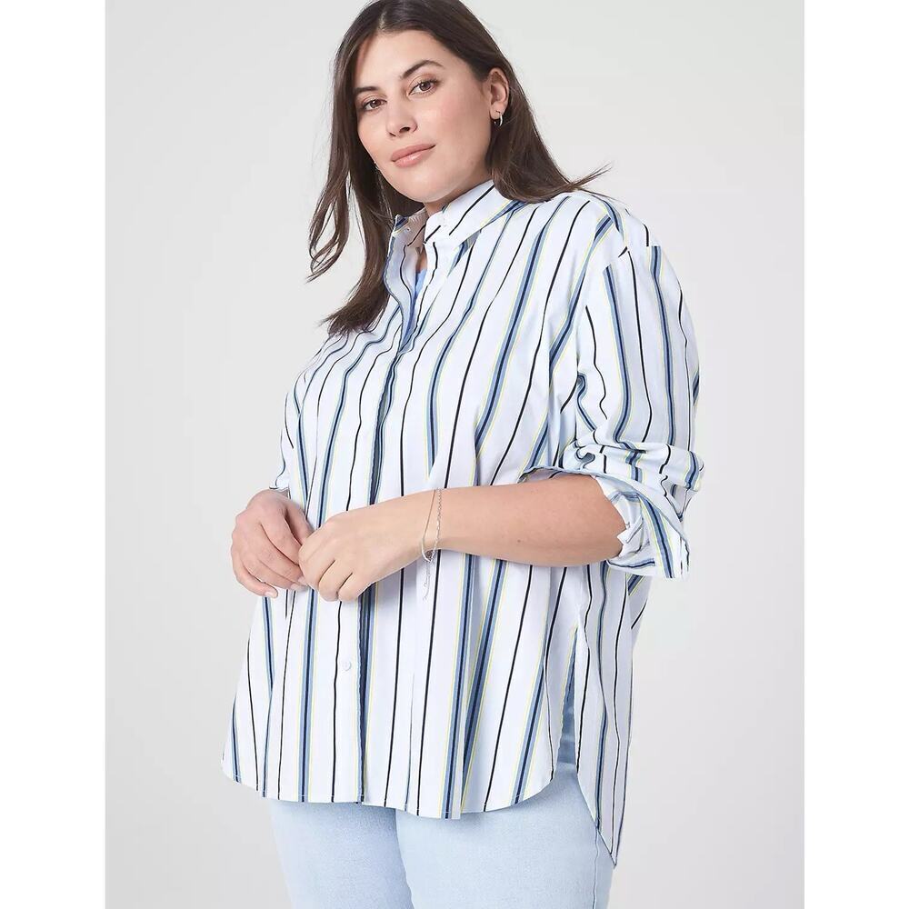 Lane Bryant Button Shirt 26 28 Blue Striped Long Sleeve Cotton Blend Top